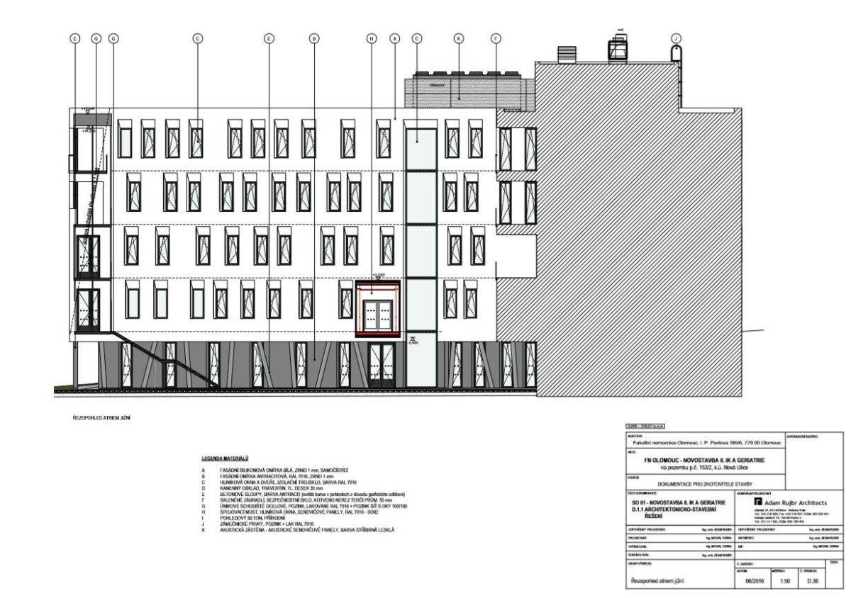 Novostavba II. Interní kliniky a geriatri v Olomouci, jižní řezopohled atriem, Adam Rujbr Architects