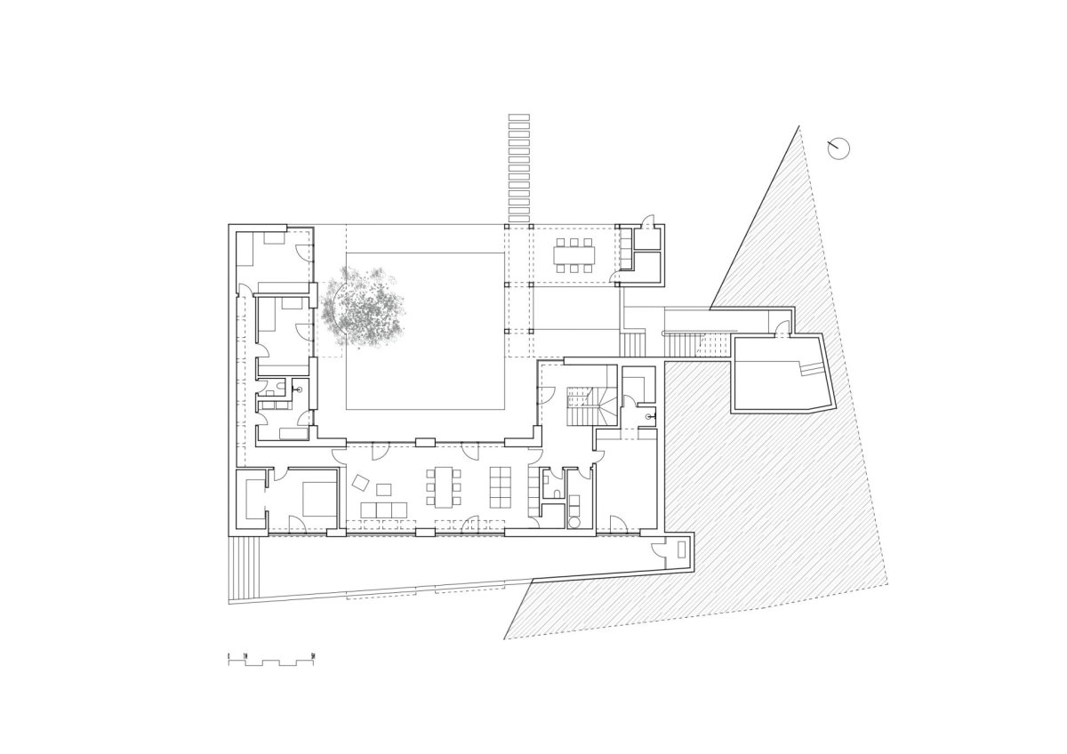 Půdorys 1. PP (Rodinný dům v Záhorských sadech, ČECHVALA ARCHITECTS)