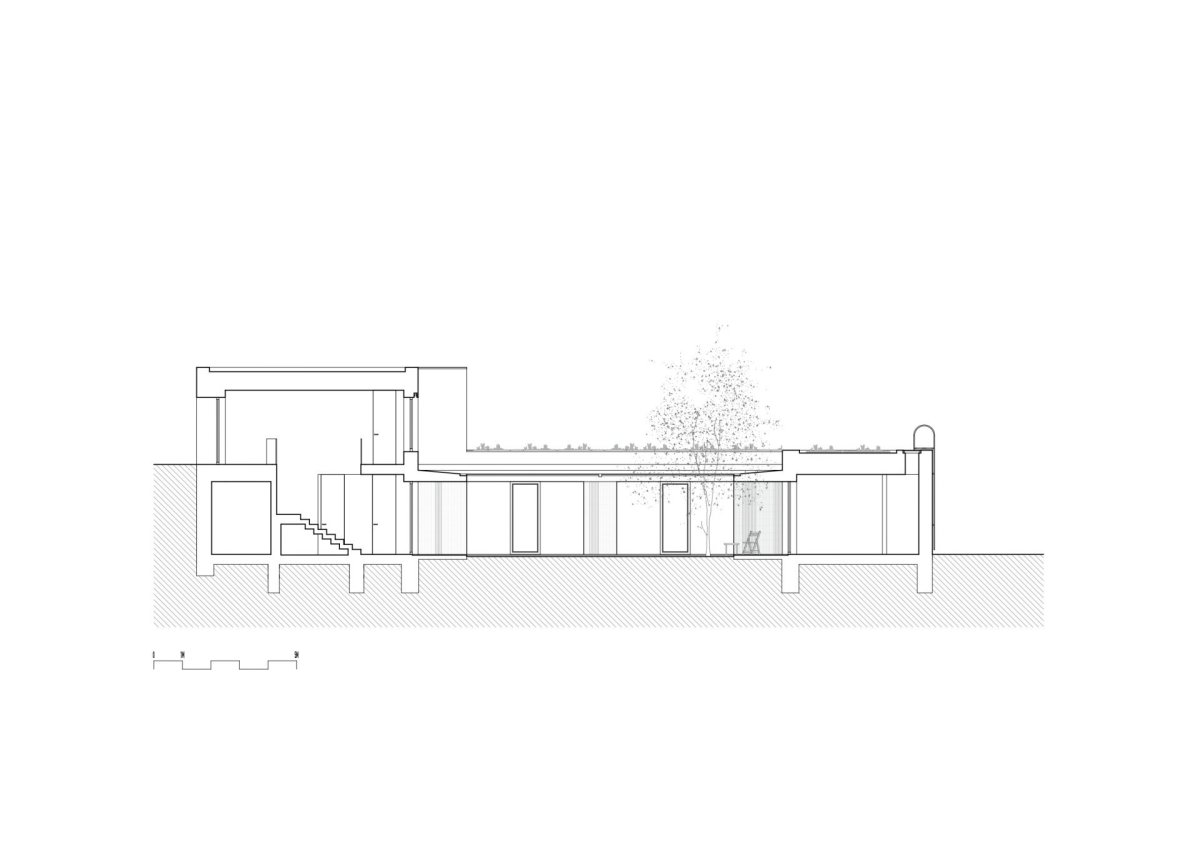 Řez (Rodinný dům v Záhorských sadech, ČECHVALA ARCHITECTS)