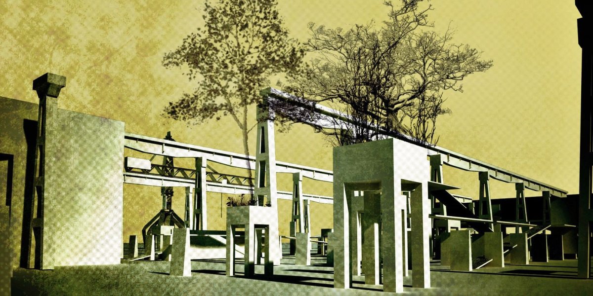 Diplomová práce Post industriální park, Adam Trefil, TUL, 2013. Vizualizace zobrazující prostranství před sily na cement.