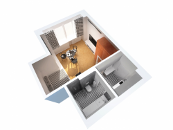 0,5 Studio, Nájemní byt Letná, dispozice, axonometrie – foto