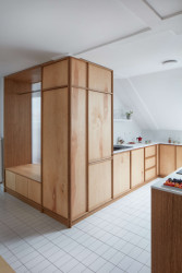 Vstupní chodba volně přechází do obývacího pokoje. (Rekonstrukce podkrovního bytu, Matěj Šebek)