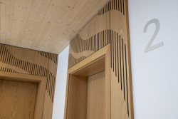 Příčky a stropy jsou z dřevěných panelů, lepených z masivního smrkového dřeva - nazývají se CLT (Cross Laminated Timber). 