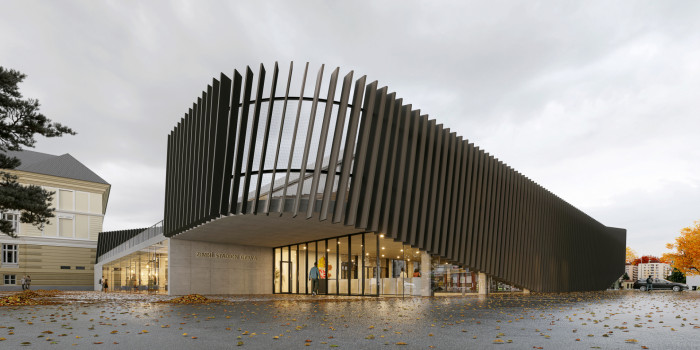 Hlavní vstup do haly, nově navržená část, vizualizace, Monolot studio