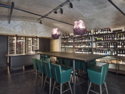 Restaurace Marie B, Olgoj Chorchoj: Výrazná fialová světla navrhl Jakub Pollág. Inspiroval se makrozáběry bílkovin