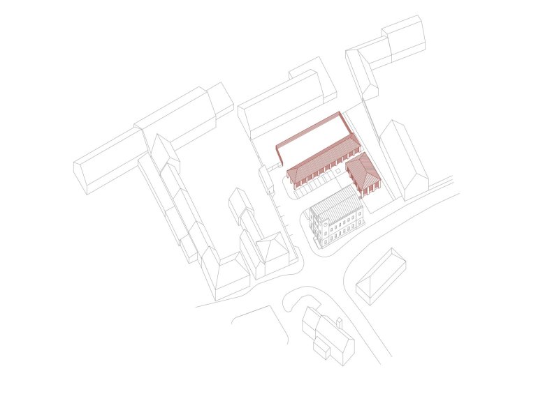 Hasičská zbrojnice a zázemí technických služeb v Líbeznicích, Ehl&Koumar architekti/ Lukáš Ehl, Tomáš Koumar, Jaroslav Malina, Jan Lankaš – axonometrie