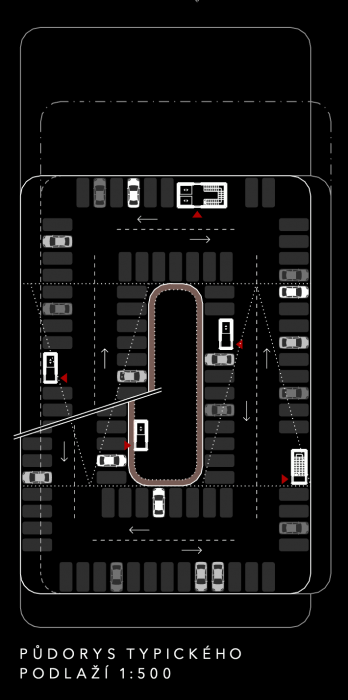 Vítězný projekt v soutěži na parkovací dům v Ostravě od kanceláře PROJEKTSTUDIO, půdorys.