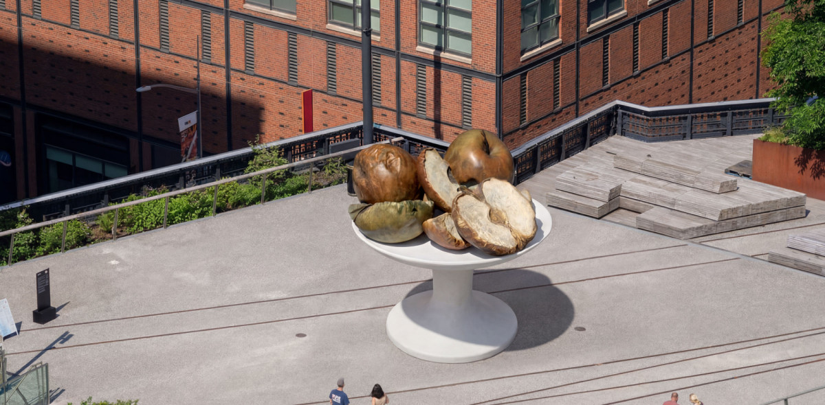 Na novou sochu pro High Line je 62 kandidátů. Jeden z nich je socha Jablka na bílé míse (Apples in a White Bowl) od Aliho Cheriho.