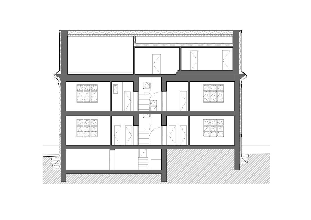 Rekonstrukce fasád Městského úřadu Odolena Voda, řez, Grulich architekti