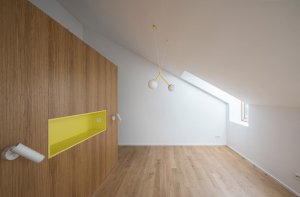 Dubová dýha a barevný akcent (Terasový dvojdům v Krči, martin cenek architecture)