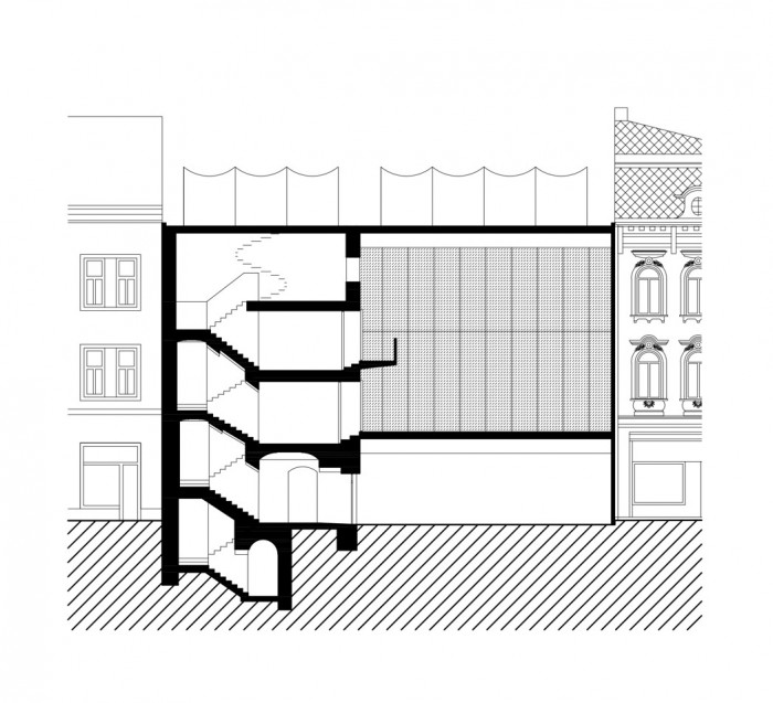 Návrh na úpravu náměstí v Benešově, řez prolukou, Marcela Steinbachová, Vít Holý