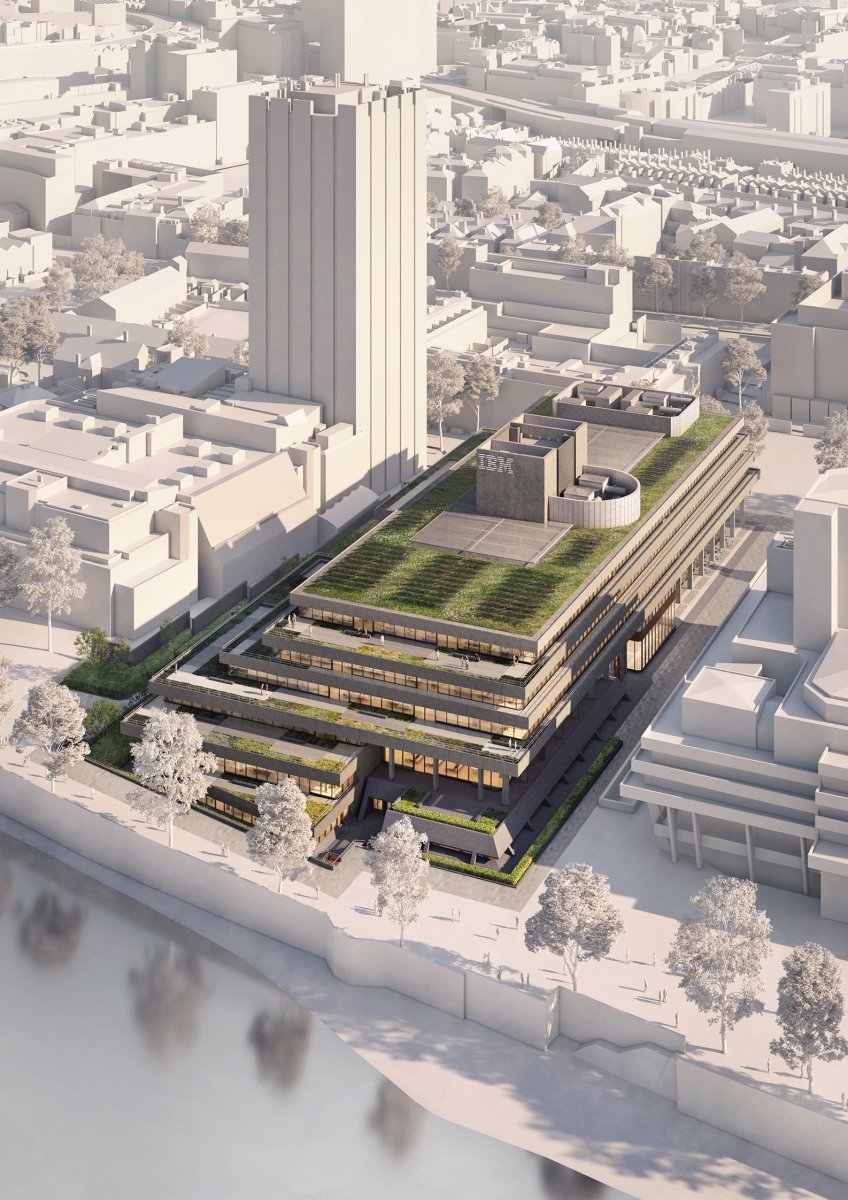 Plán rekonstrukce od architektonického studia AHMM s přístavbou dalšího patra nad původní pětipatrovou budovou IBM.