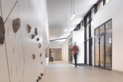 Mateřská škola Doubek v Pardubicích, Med Pavlík architekti: 
Hlavním komunikačním uzlem je převýšená chodba