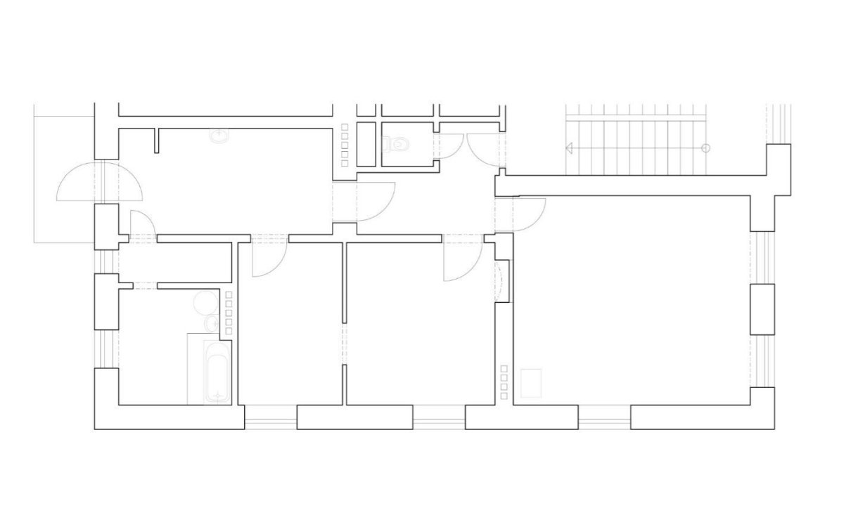 Henkai Architekti, rekonstrukce bytu s knihovnou v Opavě, stav před rekonstrukcí, výkres