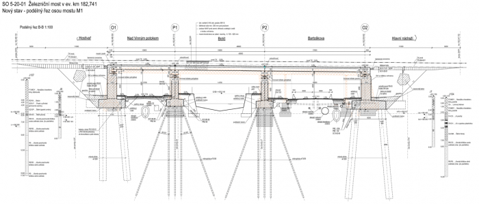 Železniční most v Bartoškově ulici, nový stav, podélný řez osou mostu M1 - foto