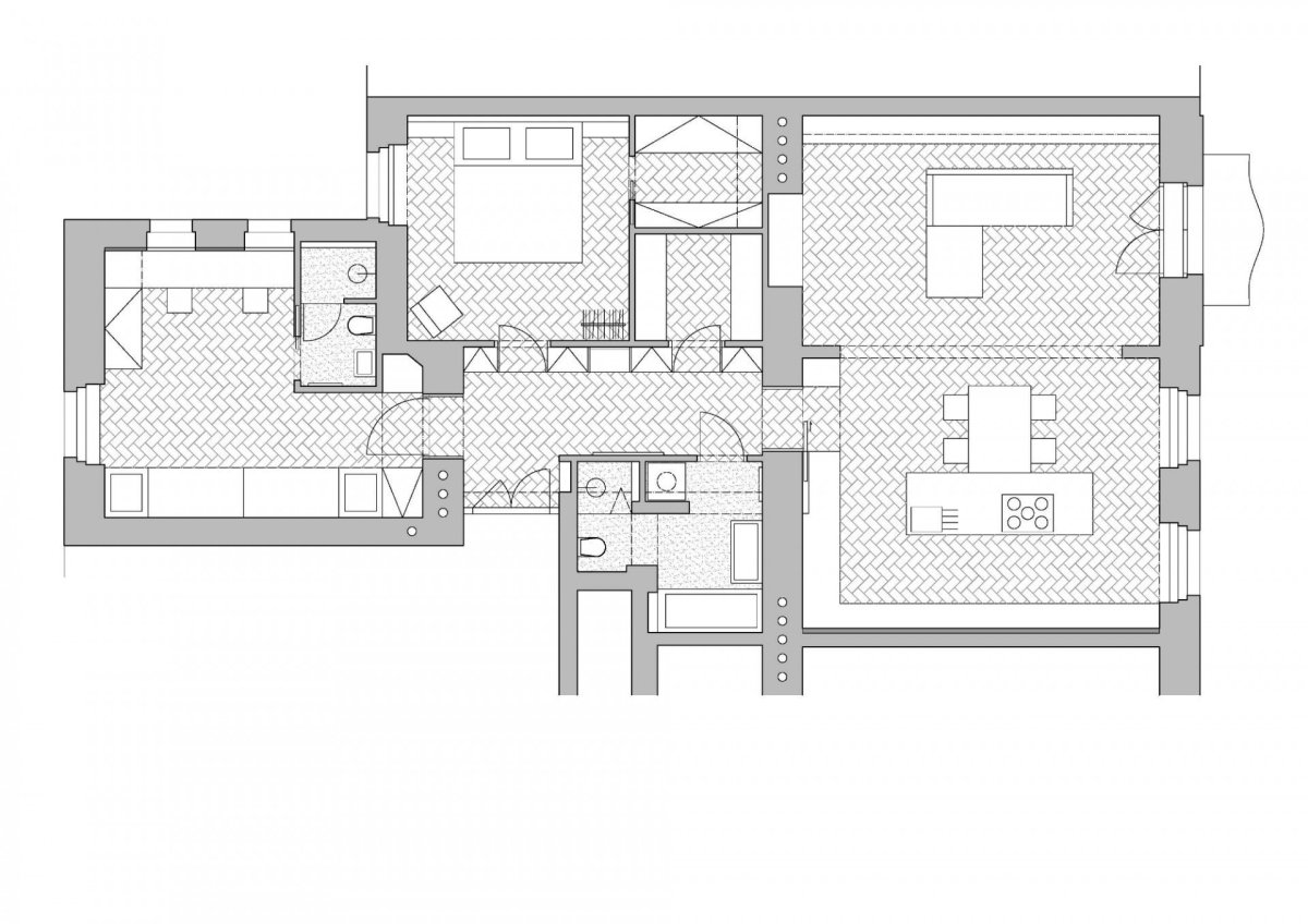Rekonstrukce vinohradského bytu, půdorys, No Architects, zdroj : No Architects