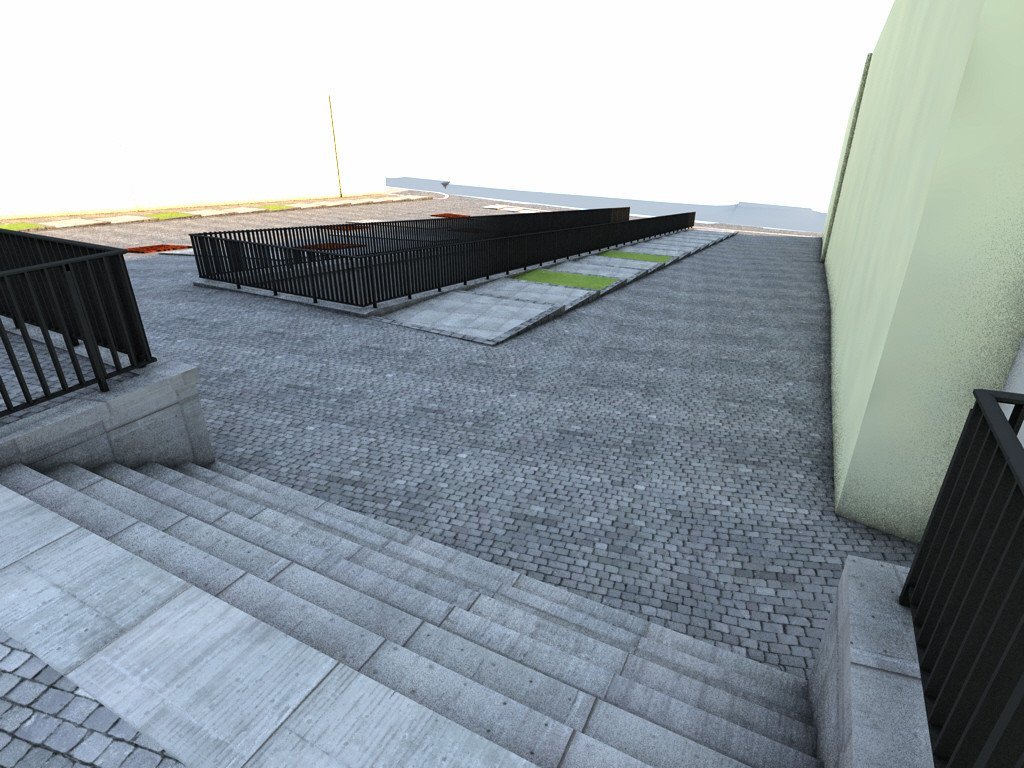 Schody - vizualizace (Přiložené vizualizace jsou vytvořeny pouze přiřazením textur konstrukčnímu 3D modelu, který byl použit pro vytyčování stavby, a jednoduchým renderováním. Nejedná se o architektonické vizualizace.)