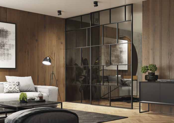 IDEALINE CHESS, posuv do stropu PREMIUM, sklo Planibel bronz, madlo Ell, rám RAL 9005