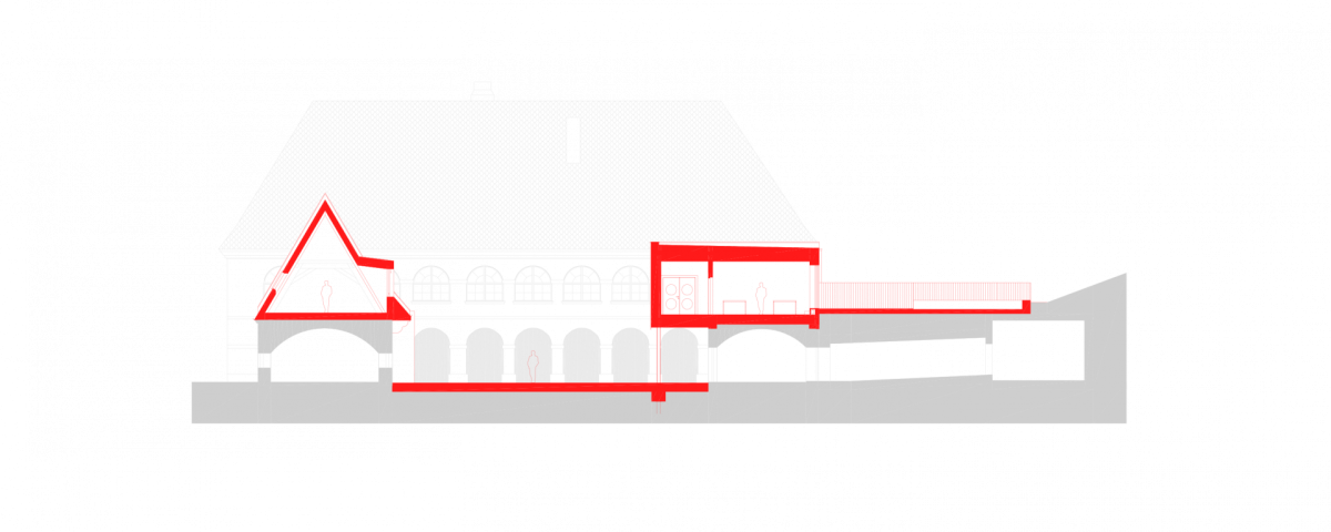 Rekonstrukce a rozšíření Základní školy Vřesovice, Public Atelier, studio FUUZE/ Jiří Markevič, Jaroslav Sedlák, řez
