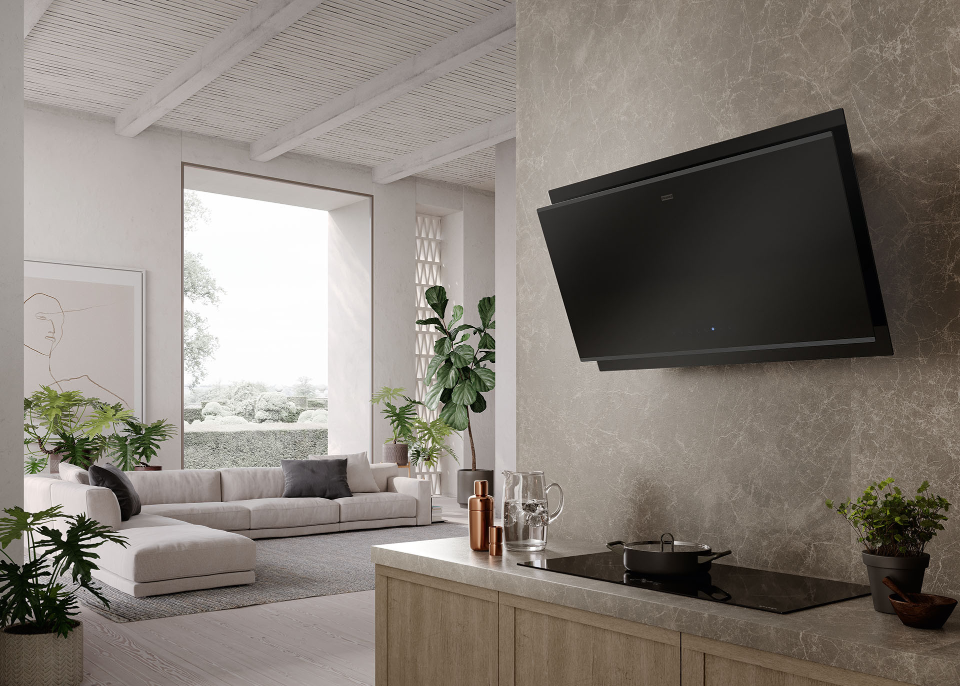 Mythos Air Hub - šikmý komínový odsavač par, montáž na stěnu, černé sklo, systém dezinfekce vzduchu (pomocí dvou oddělených proudů vzduchu a dvou speciálních UV-C lamp odstraní 99,99% virů a bakterií z kuchyně)