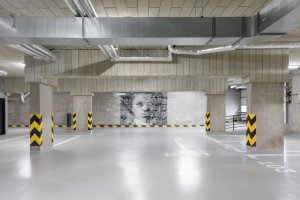 Murál v garáži (Bytový soubor Bohdalecké kvarteto, Podlipný Sladký architekti)