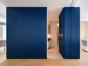 Otevřenost dispozice podpořila dvojice vložených modrých boxů z lakovaných MDF desek. (Mezonet na Břevnově; esté architekti)