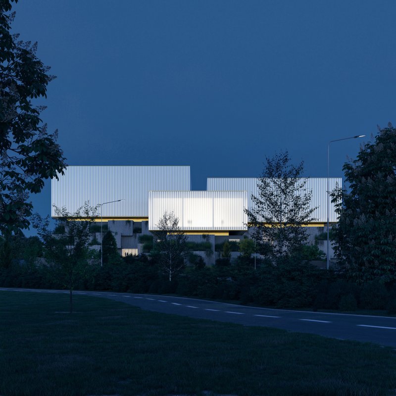Vítězný návrh architektonického studia JIKA-CZ s.r.o. na depozitární komplex Národní galerie Praha. Vizualizace: monolot