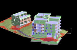 BIM model bytových domů a terénu; šrafované stěny reprezentují stěny určité pevnostní třídy betonu, čímž lze předejít chybám při betonáži konstrukcí o různé pevnostní třídě betonu.