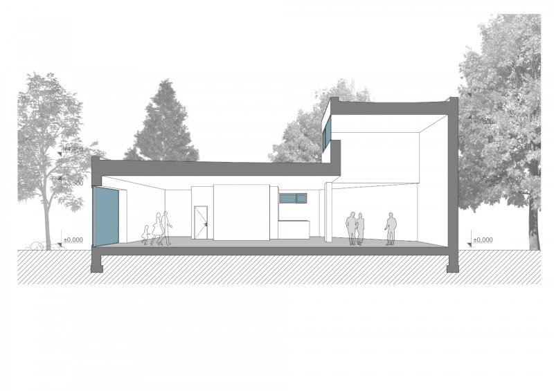 Výstavní galerie STAGE GARDEN, Janca architect / Karel Janča, podélný řez