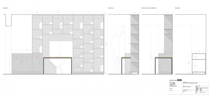 architectureMADE, rekonstrukce bytu paneláku v Plzni, knihovna v obýváku, výkres