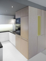 Kuchyňský nábytek plynule přechází do obytné místnosti. Studio ČTYŘI STĚNY, Rekonstrukce bytu v Krči - foto