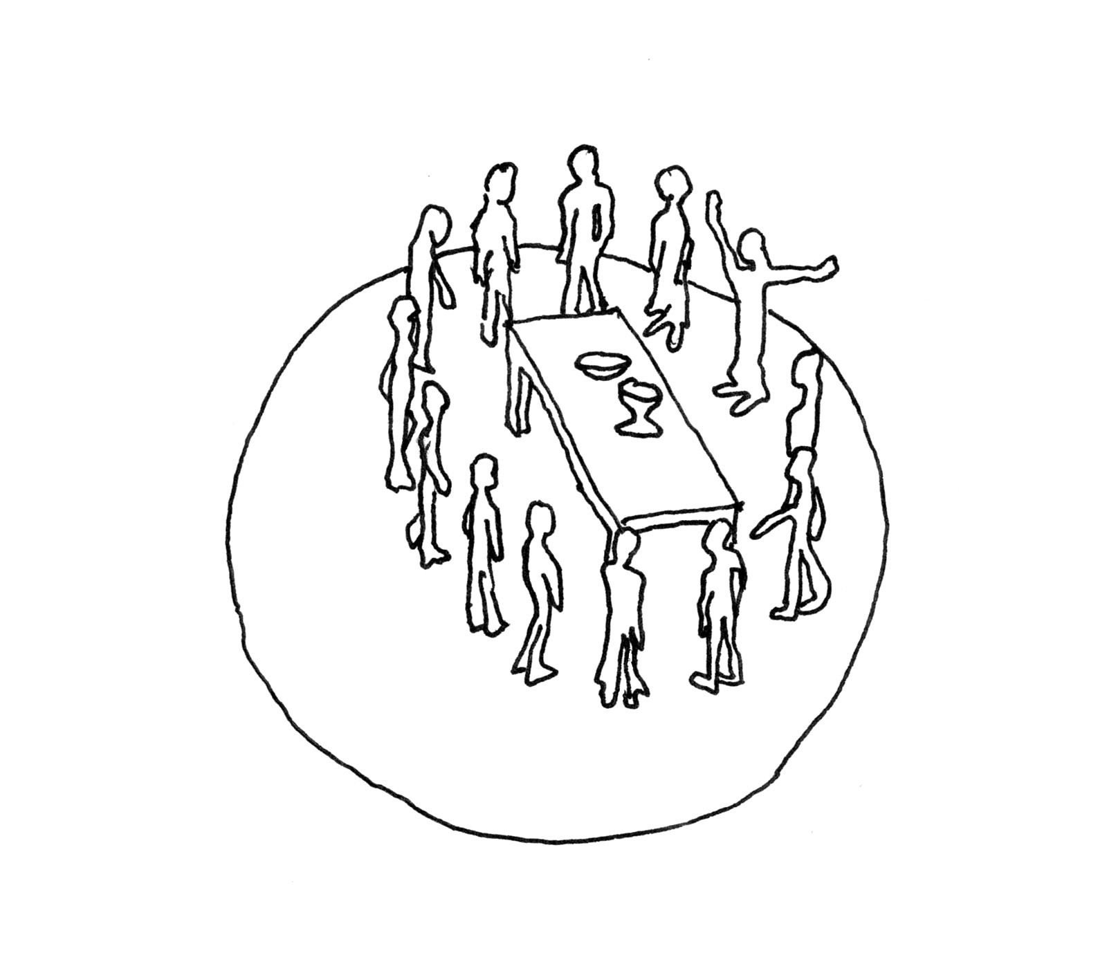 Obrazné vyjádření liturgie v kostele. Symbolizuje společenství kolem stolu stejně jako při Poslední večeři Ježíše s apoštoly. Skica: Marek Jan Štěpán 2014