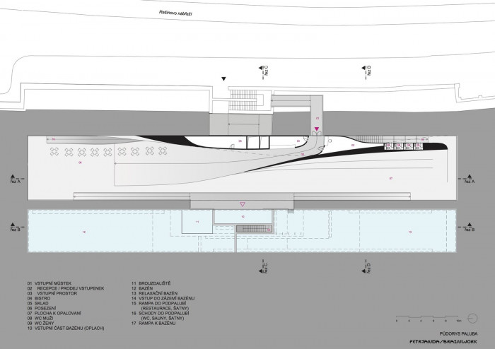 Plovoucí lázně na Rašínově nábřeží, půdorys paluba, Petr Janda/Brainwork