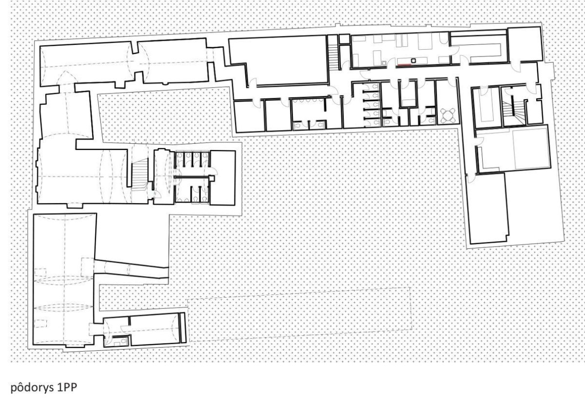 Projekt Nádvoří v Trnavě, Vallo Sadovsky architects, půdorys 1 PP