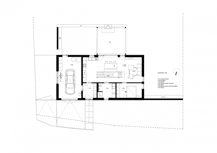 Architektonické studio Markéta Bromová, Rodinný dům Jiřetín pod Jedlovou, půdorys 1. NP – foto