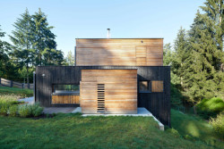 Celá chata je elegantně zapuštěná do zeminy, a díky tomu jsou jednotlivá patra přístupná z různých výškových úrovní.(Chata v Posázaví, Studio Sporadical)