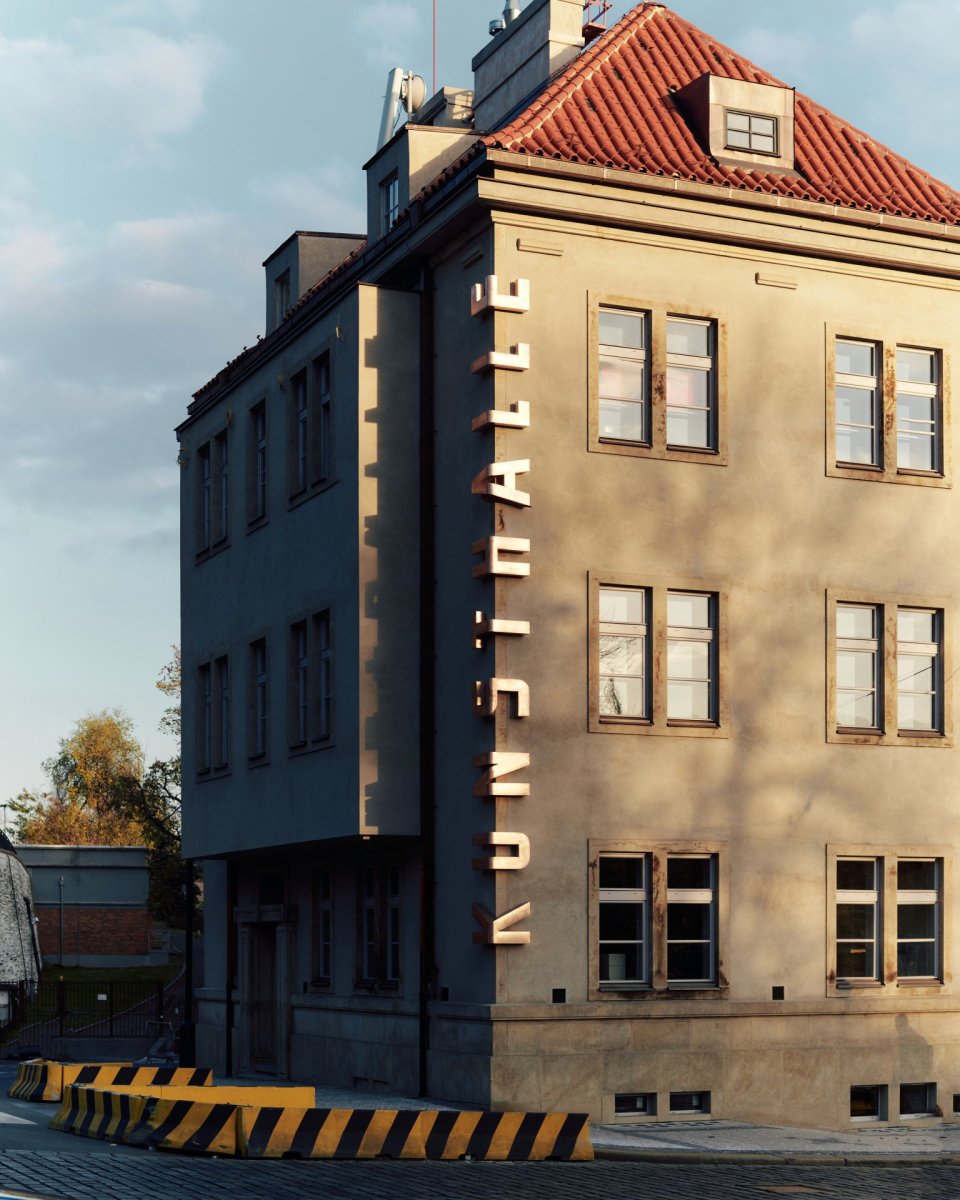 Jedna z krajních věží budovy nově vynáší nápis Kunsthalle.