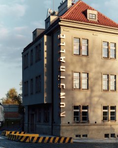Jedna z krajních věží budovy nově vynáší nápis Kunsthalle.