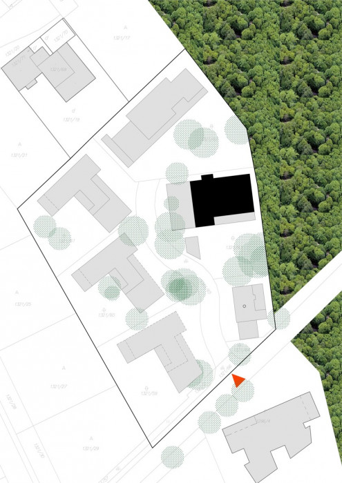 Rodinný dům při lese v Bratislavě-Rusovce, situace, Molnár - Peráček