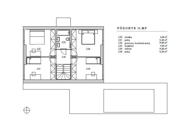 Kompaktní dům, půdorys 2NP, atelier38,