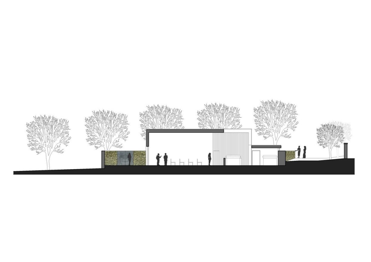 Městská smuteční síň v Dobrušce, řez, ATELIER ARCHITEKTURY, Šuda - Horský, a.s.