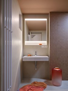 Pohled do koupelny (Rekonstrukce pavlačového domu v Praze-Nuslích, Plus One Architects) 