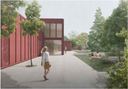 Pohled z Trojské ulice na nový pavilon s multifunkčním sálem, Ravagnani Vecchi Architects.