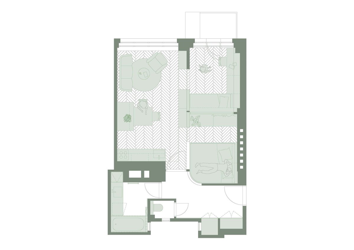 Půdorys (Rekonstrukce bytu na Vinohradech, Markéta Bromová architekti)