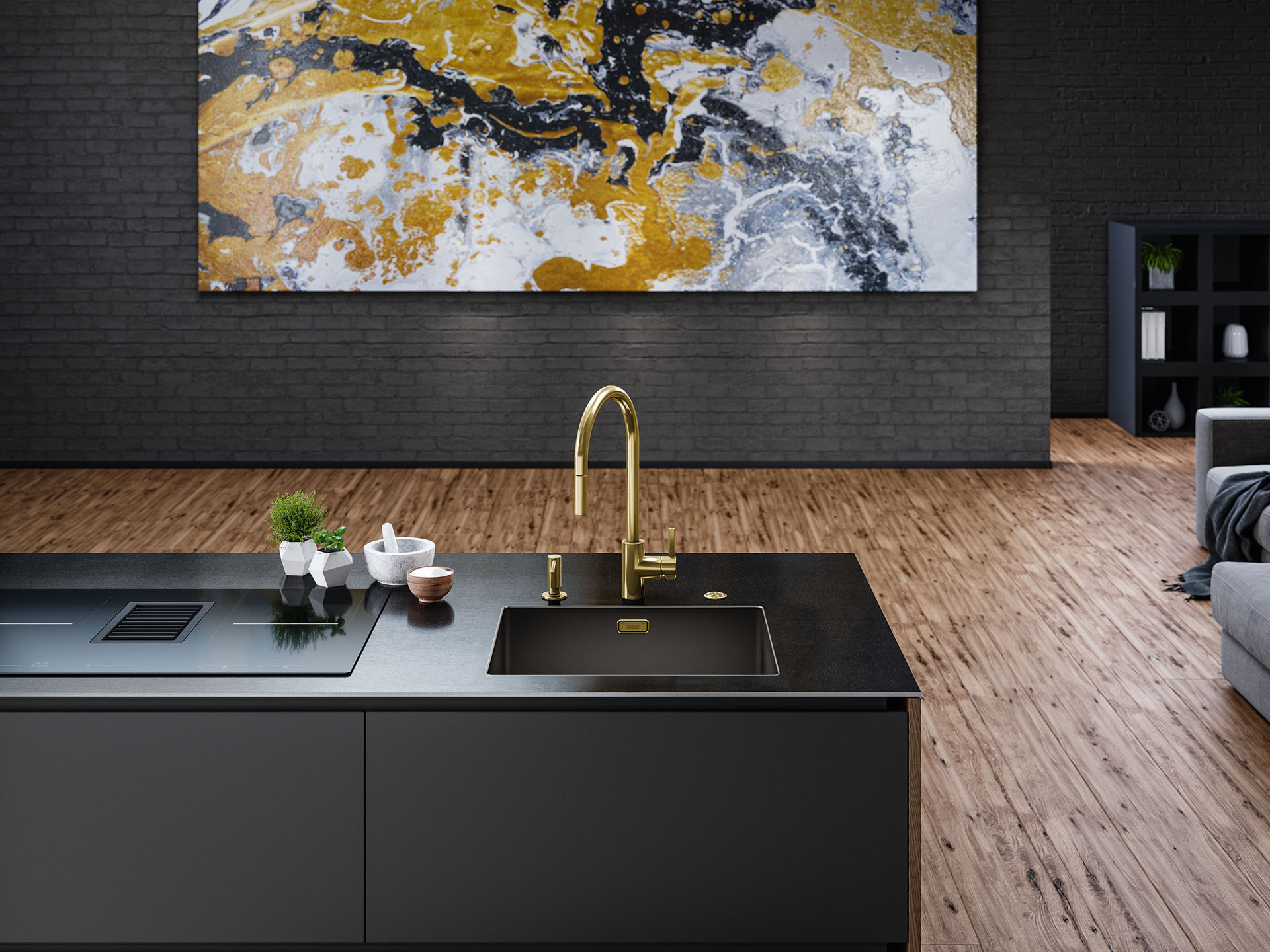 Kuchyňská baterie EOS NEO včetně doplňků v podobě dávkovače saponátu ATLAS NEO, easy click ovládání výpusti a hranatého přepadu. Vše provedení celonerez zlatá s povrchovou úpravou PVD.