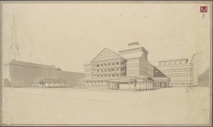 Pavel Janák, vítězný návrh ze soutěže na České (Hanácké) divadlo v Olomouci, 1920-1922, MUO