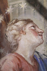 Barokní fresky F. J. Luxe se skrývaly pod novější přemalbou - detail v průběhu snímání přemalby (Fresky v kostele Narození Panny Marie v Domažlicích restaurovali Jiří Suchan a David Hrabálek)