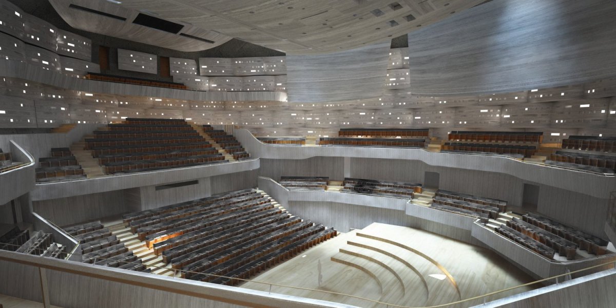 Připravovaný koncertní síň v Ostravě podle návrhu amerického studia Steven Holl Architects + Architecture Acts z Prahy, koncertní sál.