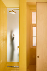 Přirozené světlo do koupelny propouští dva světlíky – jeden tvoří přímo čelní stěnu sprchy. (Byt pro malířku v Praze-Holešovicích od Plus One Architects)