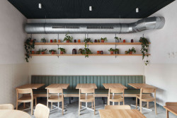 Čalounění dlouhé lavice v hlavním prostoru, ale i profilovaný tmavě zelený heraklit na stropě. (KRO Vršovice, NEUHAUSL HUNAL)